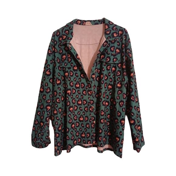Layerz Snap Botton Up Long Sleeve Shirt Women's 2XL Green Pink Leopard Print - Picture 1 of 5